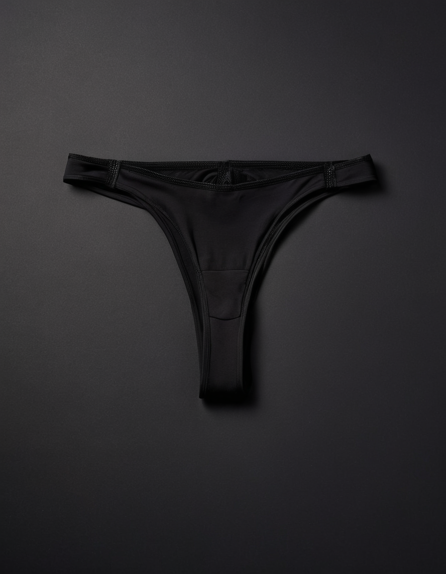 Black opaque g-string flat lay product photo