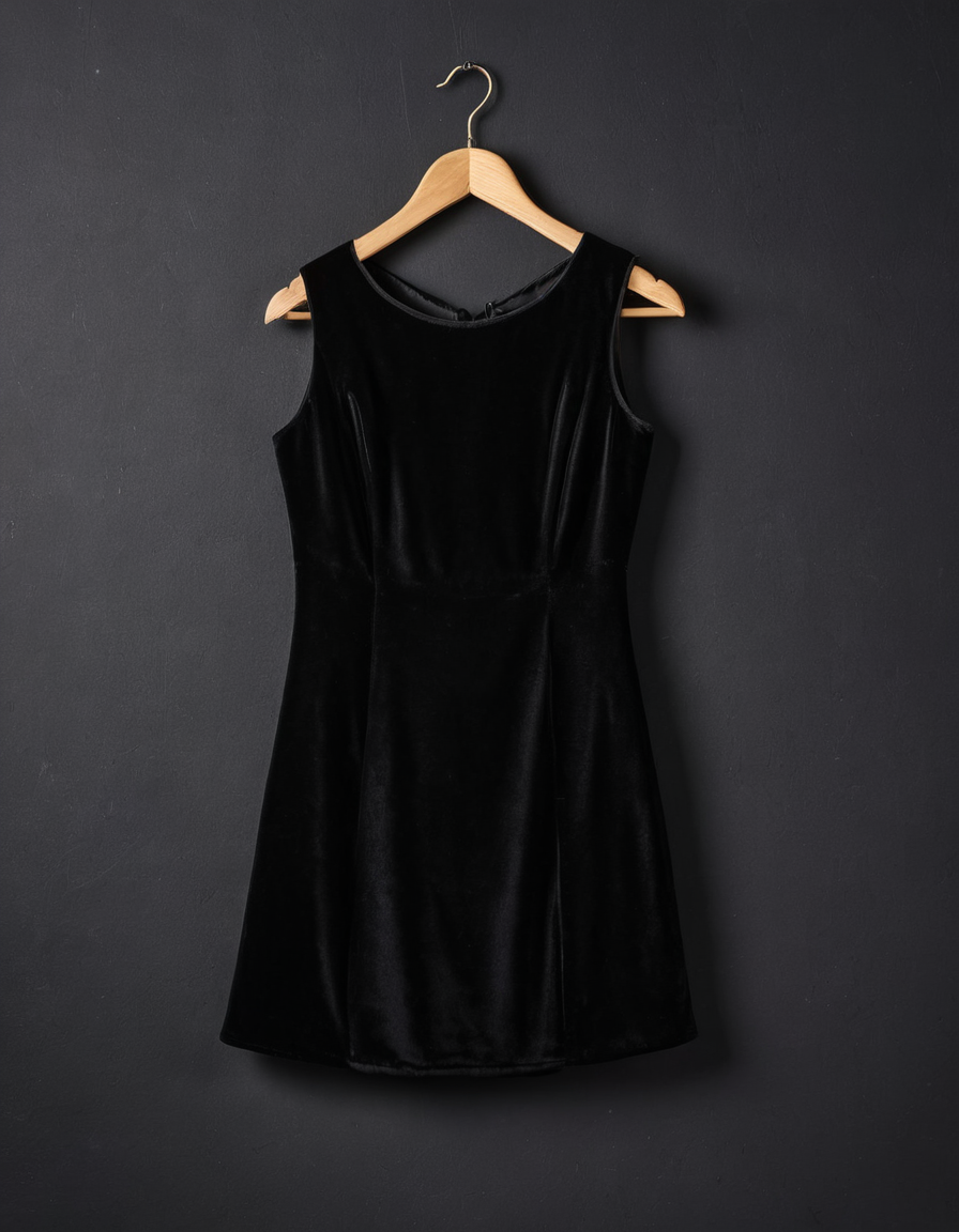 Black velvet microdress on hanger