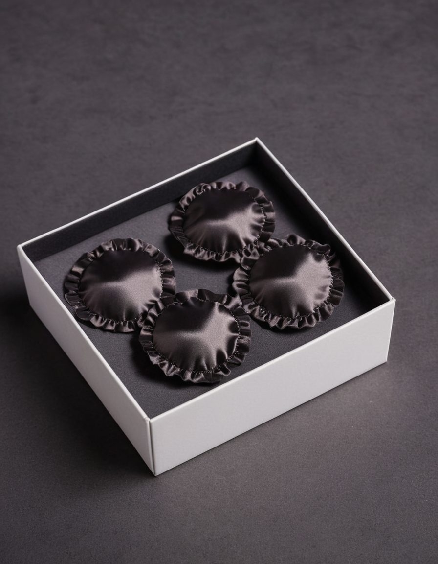 Satin pastie set in retail packaging on dark studio background